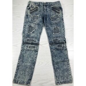 Uncle Ralph Moto Jeans Men 34x32 Blue Acid Wash Skinny Tapered Stretch Patchwork